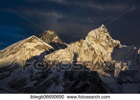 View from Kala Patthar in the evening light on Mount Everest, 8848 m, Chomolungma, Sagarmatha, and Nuptse west flank with Khumbu glacier, Sagarmatha National Park, Khumbu Himal, Himalaya, Nepal, Asia View Large Photo Image Stock Image - View from Kala Patthar in the evening light on Mount Everest, 8848 m, Chomolungma, Sagarmatha, and Nuptse west flank with Khumbu glacier, Sagarmatha National Park, Khumbu Himal, Himalaya, Nepal, Asia. Fotosearch