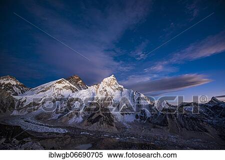 Stock Photography - View from Kala Patthar in the evening light on Mount Everest, 8848 m, Chomolungma, Sagarmatha, and Nuptse west flank with Khumbu glacier, Sagarmatha National Park, Khumbu Himal, Himalaya, Nepal, Asia. Fotosearch