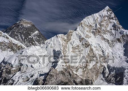 Stock Image - View from Kala Patthar to Mount Everest, 8848 m, Chomolungma, Sagarmatha, and Nuptse west flank, Sagarmatha National Park, Khumbu Himal, Himalaya, Nepal, Asia. Fotosearch