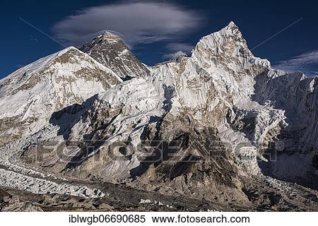 Stock Photography - View from Kala Patthar to Mount Everest, 8848 m, Chomolungma, Sagarmatha, and Nuptse west flank with Khumbu glacier, Sagarmatha National Park, Khumbu Himal, Himalaya, Nepal, Asia. Fotosearch