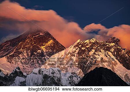 View in the evening light from Renjo La Pass 5417 m to the east on Himalaya with Mount Everest, 8848 m, Nuptse, 7879 m and Lhotse, 8516 m, Khumbu Himal, Himalaya, Nepal, Asia View Large Photo Image Picture - View in the evening light from Renjo La Pass 5417 m to the east on Himalaya with Mount Everest, 8848 m, Nuptse, 7879 m and Lhotse, 8516 m, Khumbu Himal, Himalaya, Nepal, Asia. Fotosearch