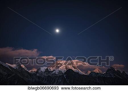 Stock Image - View in the evening light from Renjo La Pass 5417m to the east on Himalaya with Mount Everest, 8848m, Khumbu Himal, Himalaya, Nepal, Asia. Fotosearch