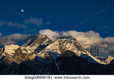 View in the evening light from Renjo La Pass 5417 m to the east on Himalaya with Mount Everest, 8848 m, Nuptse, 7879 m and Lhotse, 8516 m, Khumbu Himal, Himalaya, Nepal, Asia View Large Photo Image Stock Image - View in the evening light from Renjo La Pass 5417 m to the east on Himalaya with Mount Everest, 8848 m, Nuptse, 7879 m and Lhotse, 8516 m, Khumbu Himal, Himalaya, Nepal, Asia. Fotosearch