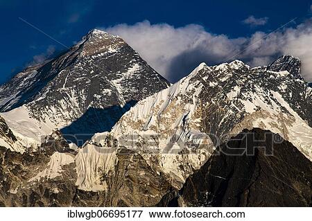 Stock Photo - View in the evening light from Renjo La Pass 5417 m to the east on Himalaya with Mount Everest, 8848 m, Nuptse, 7879 m and Lhotse, 8516 m, Khumbu Himal, Himalaya, Nepal, Asia. Fotosearch
