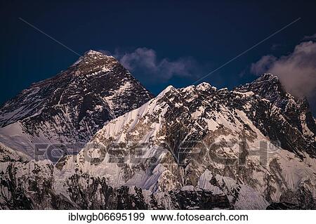 View in the evening light from Renjo La Pass 5417 m to the east on Himalaya with Mount Everest, 8848 m, Nuptse, 7879 m and Lhotse, 8516 m, Khumbu Himal, Himalaya, Nepal, Asia View Large Photo Image Stock Photo - View in the evening light from Renjo La Pass 5417 m to the east on Himalaya with Mount Everest, 8848 m, Nuptse, 7879 m and Lhotse, 8516 m, Khumbu Himal, Himalaya, Nepal, Asia. Fotosearch