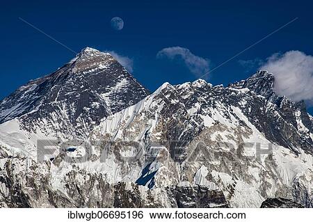 View in the evening light from Renjo La Pass 5417 m to the east on Himalaya with Mount Everest, 8848 m, Nuptse, 7879 m and Lhotse, 8516 m, Khumbu Himal, Himalaya, Nepal, Asia View Large Photo Image Stock Photograph - View in the evening light from Renjo La Pass 5417 m to the east on Himalaya with Mount Everest, 8848 m, Nuptse, 7879 m and Lhotse, 8516 m, Khumbu Himal, Himalaya, Nepal, Asia. Fotosearch