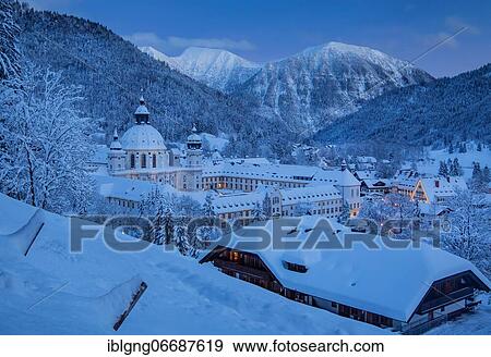 Stock Photo - View of the village with the monastery at dusk, Ettal, Ettaler Sattel, Ammergau Alps nature park Park, Upper Bavaria, Bavaria, Germany, Europe. Fotosearch