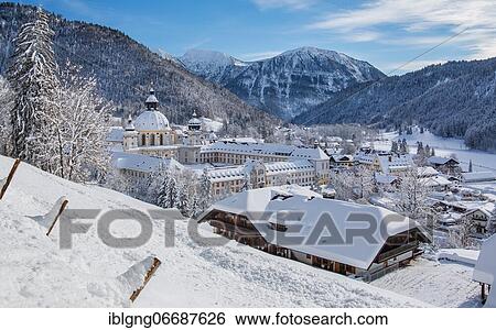 Stock Photograph - View of the village with the monastery Ettal, Ettaler Sattel, nature park Park Ammergau Alps, Upper Bavaria, Bavaria, Germany, Europe. Fotosearch