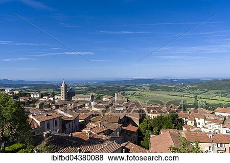 Stock Photo - View over houses towards valley, Massa Marittima, Tuscany, Italy, Europe. Fotosearch
