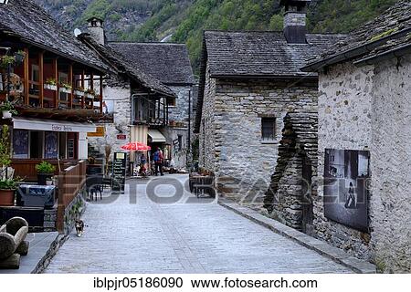 Stock Image - Village road, Sonogno, Valle Verzasca, Ticino, Switzerland, Europe. Fotosearch