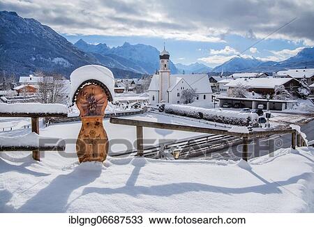 Village view with parish church and Karwendel mountains, Wallgau, Werdenfelser Land, Upper Bavaria, Bavaria, Germany, Europe View Large Photo Image Stock Image - Village view with parish church and Karwendel mountains, Wallgau, Werdenfelser Land, Upper Bavaria, Bavaria, Germany, Europe. Fotosearch