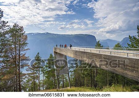Stock Image - Visitors on viewing platform Stegastein, Aurlandsfjord, Aurland, Sogn og Fjordane, Norway, Europe. Fotosearch