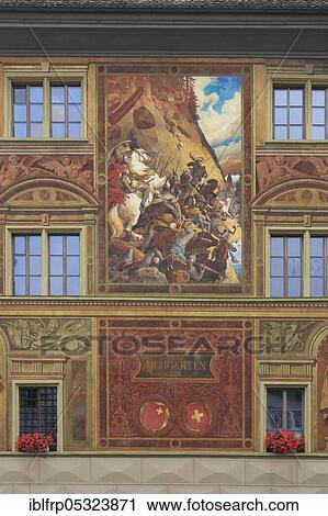 Stock Image - Wall painting, Battle of Morgarten, City Hall, Schwyz, Central Switzerland, Switzerland, Europe. Fotosearch