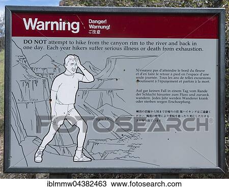 Stock Image - Warning Sign for hikers, warning exhaustion and heat, Grand Canyon National Park, Arizona, USA, North America. Fotosearch