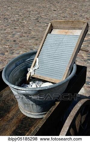 Stock Photo - Washboard with washing trough, Scandinavia, wash tub, Linköping Open Air Museum, Sweden, Europe. Fotosearch