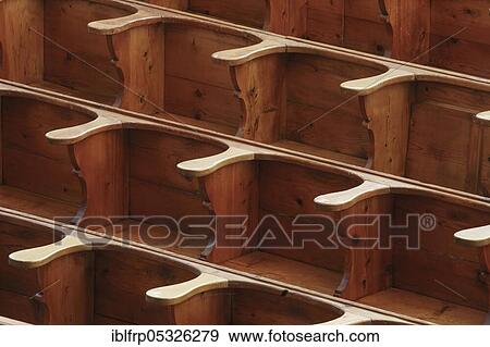 Stock Photo - Wooden church benches, Reformed Church Gossau ZH, Canton Zurich, Switzerland, Europe. Fotosearch