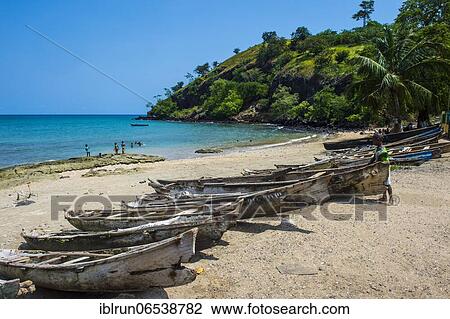 Wooden fishing boats in the fishing village Morro Peixe in northern Sao Tome, Sao Tome and Principe, Atlantic ocean, Africa View Large Photo Image Stock Image - Wooden fishing boats in the fishing village Morro Peixe in northern Sao Tome, Sao Tome and Principe, Atlantic ocean, Africa. Fotosearch