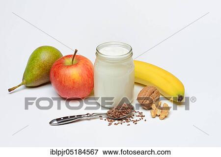 Yoghurt in glass with fruits and linseed View Large Photo Image Stock Photo - Yoghurt in glass with fruits and linseed. Fotosearch