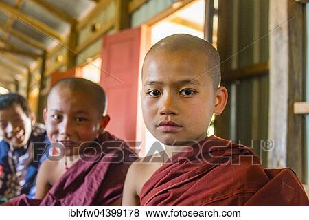 Stock Photo - Young monks, pupils at school, Shan State, Myanmar, Asia. Fotosearch