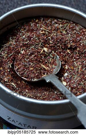 Stock Photography - Zaatar, Za'atar, Zatar, Zahtar, spice mixture of sumac, sesame seeds, thyme, salt, North African cuisine. Fotosearch