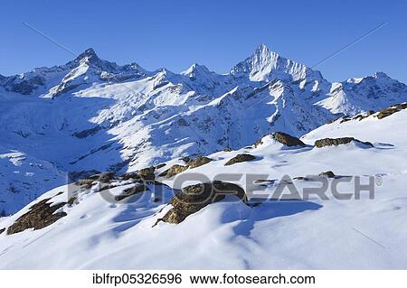 Stock Photograph - Zinalrothorn, 4221m, Weisshorn, 4505m, Zermatt, Valais, Switzerland, Europe. Fotosearch