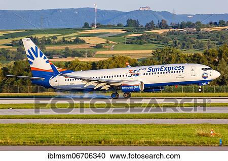 Stock Image - A Boeing 737-800 aircraft of SunExpress with registration TC-SOH at Stuttgart airport, Germany, Europe. Fotosearch