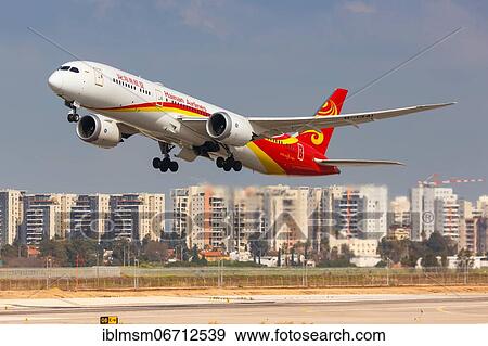 Stock Photo - A Hainan Airlines Boeing 787-9 Dreamliner aircraft with registration number B-1341 takes off from Tel Aviv Airport, Israel, Asia. Fotosearch