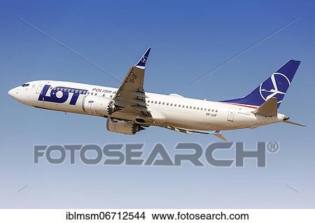A LOT Polish Airlines Boeing 737-8 MAX aircraft, registration SP-LVF, takes off from Tel Aviv Airport, Israel, Asia View Large Photo Image Picture - A LOT Polish Airlines Boeing 737-8 MAX aircraft, registration SP-LVF, takes off from Tel Aviv Airport, Israel, Asia. Fotosearch