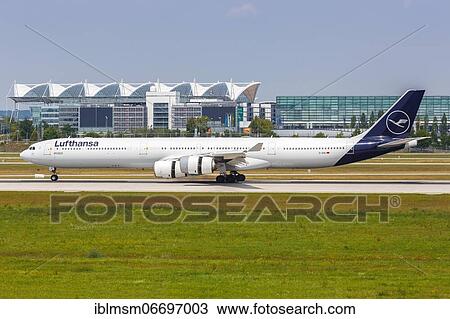 Stock Image - A Lufthansa Airbus A340-600 with registration number D-AIHI at Munich Airport (MUC), Munich, Germany, Europe. Fotosearch