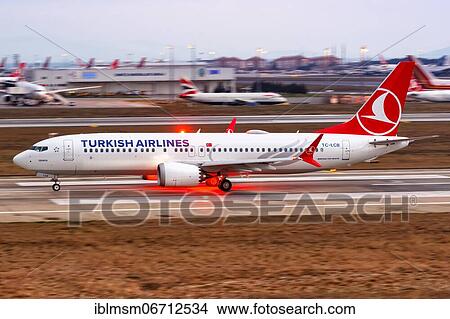 Picture - A Turkish Airlines Boeing 737-8 MAX aircraft, registration TC-LCB, takes off from Istanbul airport, Turkey, Asia. Fotosearch