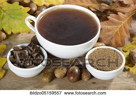 Stock Photo - Acorn coffee, roasted acorns, ground, English oak, Quercus robur, roasted, cup. Fotosearch