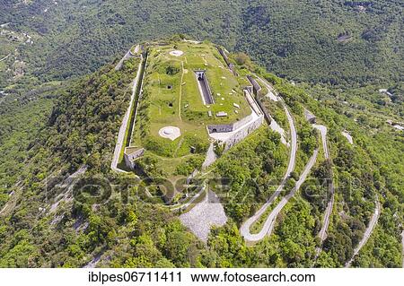 Aerial view Fort du Barbonnet above Sospel, built by France 1883-1886 on the 847 meters high mountain Barbonnet, Departement Alpes-Maritimes, Region Provence-Alpes-Cote d'Azur, South of France, France, Europe View Large Photo Image Stock Image - Aerial view Fort du Barbonnet above Sospel, built by France 1883-1886 on the 847 meters high mountain Barbonnet, Departement Alpes-Maritimes, Region Provence-Alpes-Cote d'Azur, South of France, France, Europe. Fotosearch
