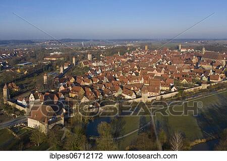 Stock Image - Aerial view general view from east direction medieval town Dinkelsbühl, county Ansbach, Middle Franconia, Romantic Road, Franconia, Bavaria, Germany, Europe. Fotosearch