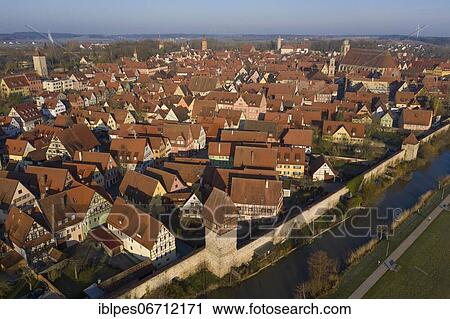 Aerial view medieval town Dinkelsbühl with town wall and Bäuerlinsturm, Minster St, Georg, County Ansbach, Middle Franconia, Romantic Road, Franconia, Bavaria, Germany, Europe View Large Photo Image Stock Image - Aerial view medieval town Dinkelsbühl with town wall and Bäuerlinsturm, Minster St, Georg, County Ansbach, Middle Franconia, Romantic Road, Franconia, Bavaria, Germany, Europe. Fotosearch