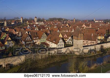 Aerial view of medieval town Dinkelsbühl with town wall and Bäuerlinsturm, county Ansbach, Middle Franconia, Romantic Road, Franconia, Bavaria, Germany, Europe View Large Photo Image Stock Image - Aerial view of medieval town Dinkelsbühl with town wall and Bäuerlinsturm, county Ansbach, Middle Franconia, Romantic Road, Franconia, Bavaria, Germany, Europe. Fotosearch