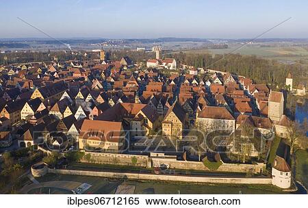 Stock Photography - Aerial view of the medieval town of Dinkelsbühl with hospital and Rothenburg Gate, Ansbach County, Middle Franconia, Romantic Road, Franconia, Bavaria, Germany, Europe. Fotosearch