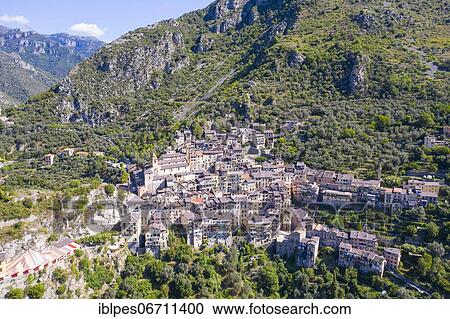 Aerial view of the mountain village of Saorge above the Roya valley on the road between Ventimiglia on the coast and the Col de Tende pass, Alpes-Maritimes department, Provence-Alpes-Cote d'Azur region, Maritime Alps, France, Europe View Large Photo Image Stock Image - Aerial view of the mountain village of Saorge above the Roya valley on the road between Ventimiglia on the coast and the Col de Tende pass, Alpes-Maritimes department, Provence-Alpes-Cote d'Azur region, Maritime Alps, France, Europe. Fotosearch