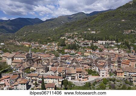 Stock Photograph - Aerial view of the mountain village of Sospel on the river Bevera at the edge of the Mercantour National Park, Alpes-Maritimes department, Provence Alpes Cote d'Azur region, France, Europe. Fotosearch