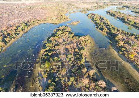 Stock Image - Aerial view Okavango Delta, Botswana, Africa. Fotosearch
