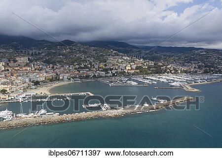 Stock Photo - Aerial view Sanremo, harbour, province Imperia, region Liguria, Riviera di Ponente, Italy, Europe. Fotosearch