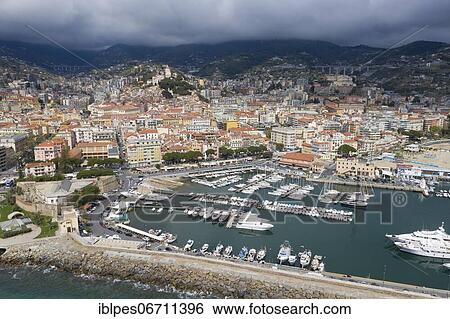 Stock Photograph - Aerial view Sanremo with bastion and harbour, province Imperia, region Liguria, Riviera di Ponente, Italy, Europe. Fotosearch