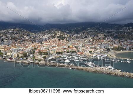 Stock Photo - Aerial view Sanremo with harbour, province Imperia, region Liguria, Riviera di Ponente, Italy, Europe. Fotosearch