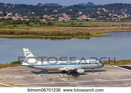 Stock Photograph - An Airbus A320 aircraft of Condor with the registration D-AICH and the retro special livery at Corfu Airport (CFU), Corfu, Greece, Europe. Fotosearch