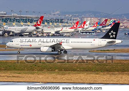 Stock Photograph - An Airbus A321 aircraft of Turkish Airlines with registration TC-JRS and EuroLeague European Starling Alliance at Istanbul Ataturk Airport (IST) in, Istanbul, Turkey, Asia. Fotosearch