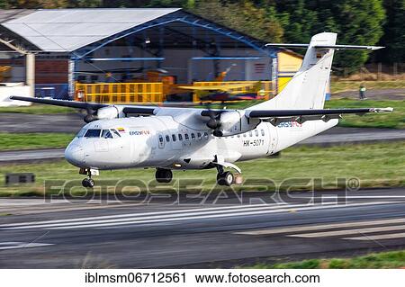 Stock Image - An ATR 42-500 aircraft of Easyfly with registration number HK-5071 lands at Medellin airport, Colombia, South America. Fotosearch