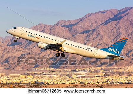 An Embraer 190 of Arkia with the registration number 4X-EMB takes off from Eilat Airport, Israel, Asia View Large Photo Image Stock Photography - An Embraer 190 of Arkia with the registration number 4X-EMB takes off from Eilat Airport, Israel, Asia. Fotosearch