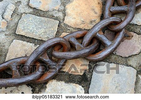 Stock Image - Anchor chain, chain on cobblestones, Honfleur, Normandy, France, Europe. Fotosearch