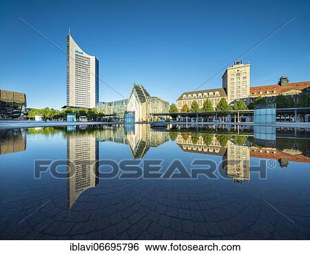 Augustusplatz, City-Hochhaus, Augusteum and Paulinum of the university, Krochhochhaus, water reflection in the opera fountain, Leipzig, Saxony, Germany, Europe View Large Photo Image Stock Photograph - Augustusplatz, City-Hochhaus, Augusteum and Paulinum of the university, Krochhochhaus, water reflection in the opera fountain, Leipzig, Saxony, Germany, Europe. Fotosearch