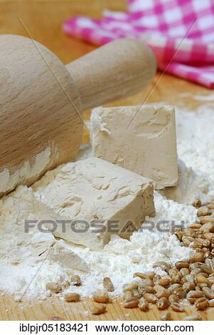 Stock Image - Baker's yeast, yeast, yeast cubes and wheat flour, wheat grains, flour, baking ingredient, baking agent, dry yeast. Fotosearch