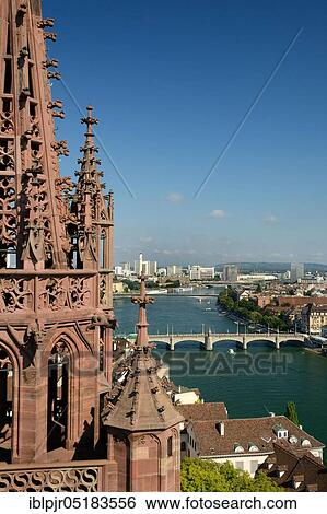 Stock Photograph - Basel Cathedral, Rhine and Middle Bridge, Basel, Canton of Basel City, Switzerland, Europe. Fotosearch